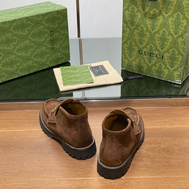 GG WOMEN'S HORSEBIT ANKLE BOOT IN DARK BROWN SUEDE