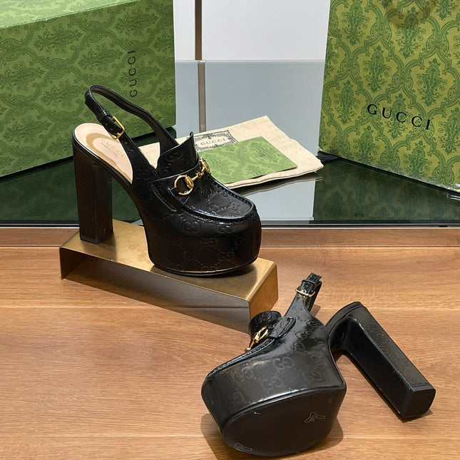 GG WOMEN'S HORSEBIT PLATFORM LOAFER SLINGBACK IN BLACK EMBOSSED CALFSKIN