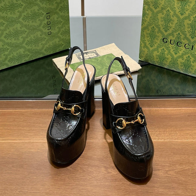 GG WOMEN'S HORSEBIT PLATFORM LOAFER SLINGBACK IN BLACK EMBOSSED CALFSKIN