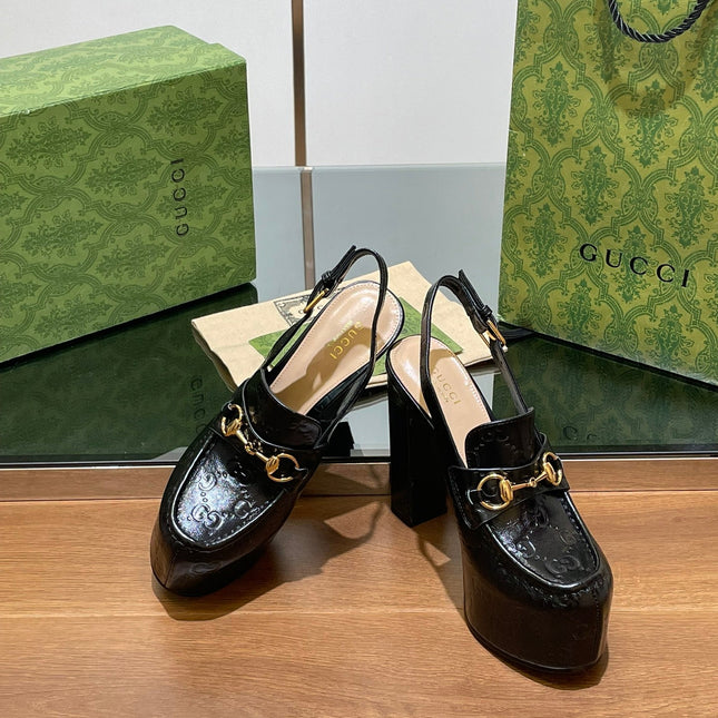 GG WOMEN'S HORSEBIT PLATFORM LOAFER SLINGBACK IN BLACK EMBOSSED CALFSKIN