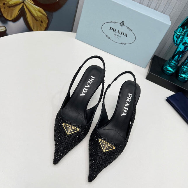 CRYSTAL SATIN HIGH-HEEL SLING BACK PUMPS BLACK