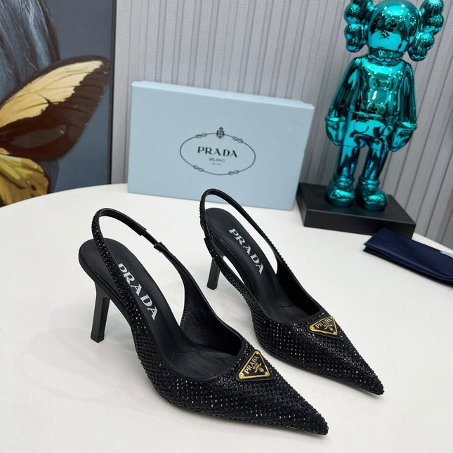 CRYSTAL SATIN HIGH-HEEL SLING BACK PUMPS BLACK