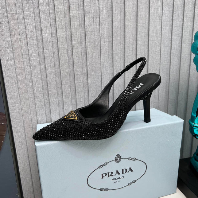 CRYSTAL SATIN HIGH-HEEL SLING BACK PUMPS BLACK