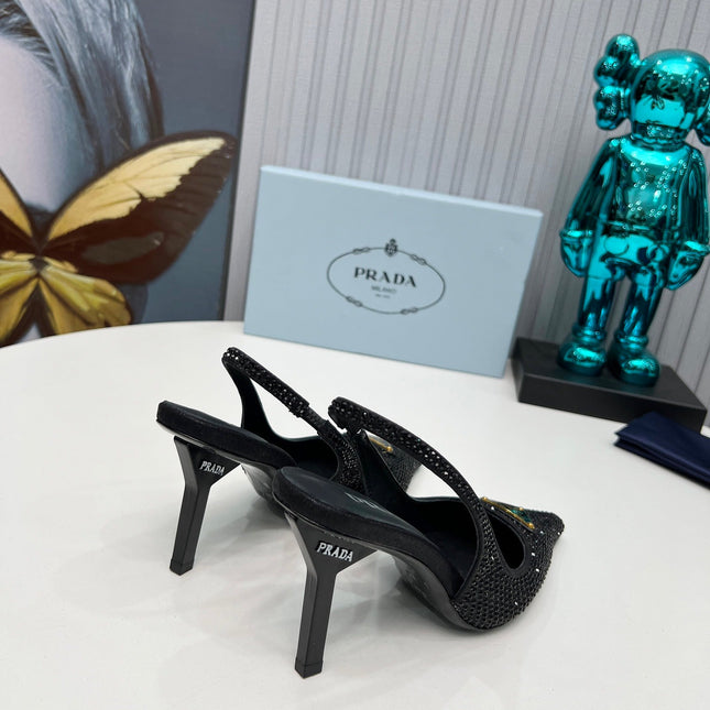CRYSTAL SATIN HIGH-HEEL SLING BACK PUMPS BLACK