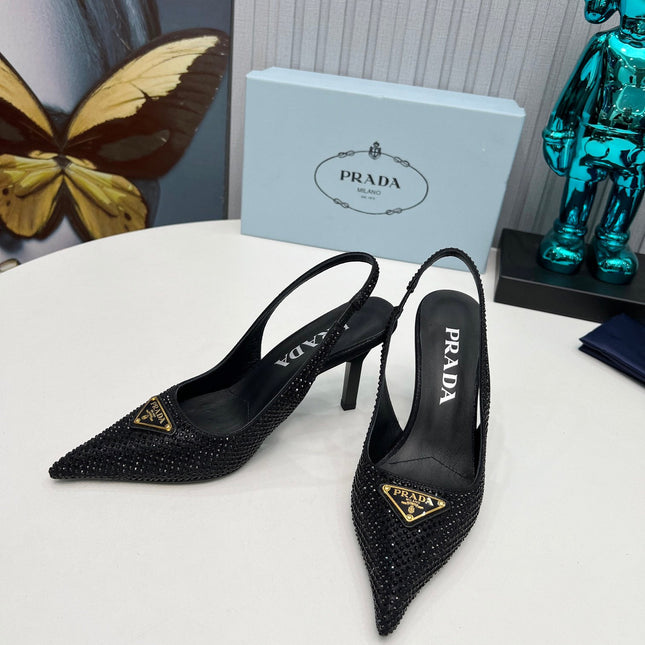 CRYSTAL SATIN HIGH-HEEL SLING BACK PUMPS BLACK