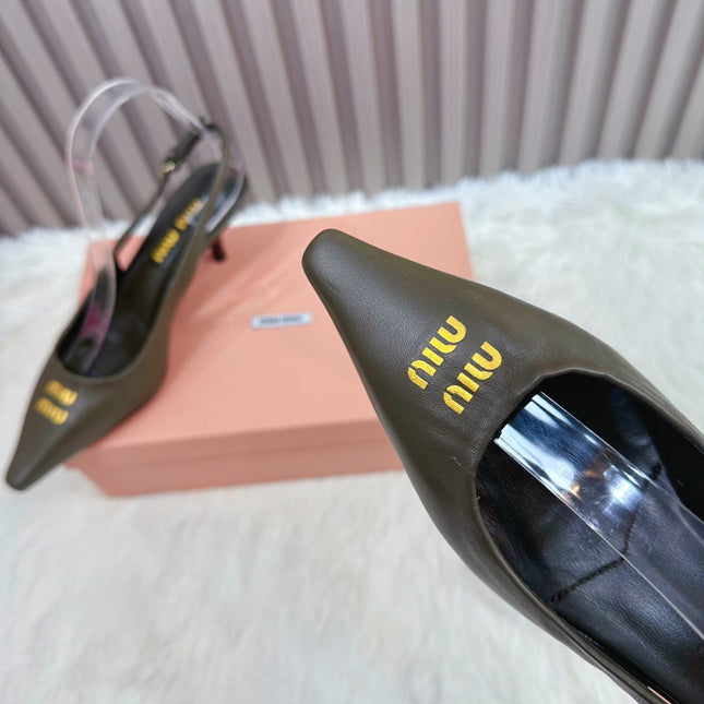 POINTED-TOE SLINGBACK IN ARMY GREEN LAMBSKIN