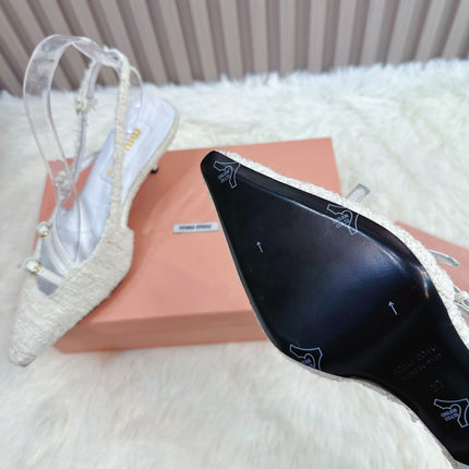 CROSS STRAP HIGH HEELED SLINGBACK IN BEIGE TWEED