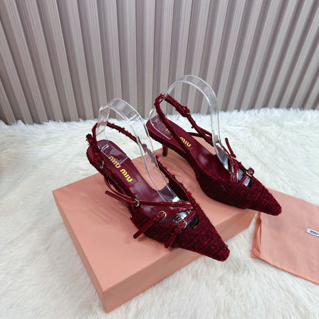 CROSS STRAP HIGH HEELED SLINGBACK IN CURRANT RED TWEED