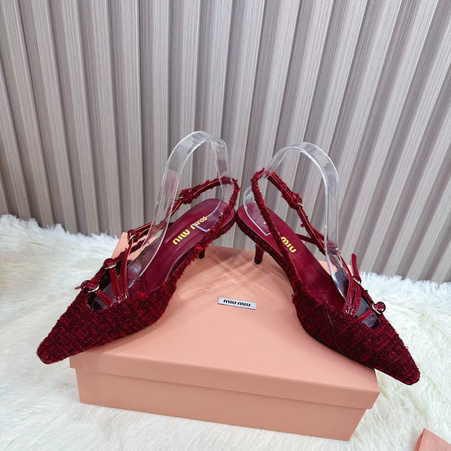 CROSS STRAP HIGH HEELED SLINGBACK IN CURRANT RED TWEED