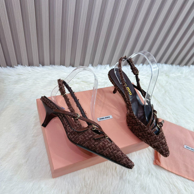CROSS STRAP HIGH HEELED SLINGBACK IN CHOCOLATE TWEED