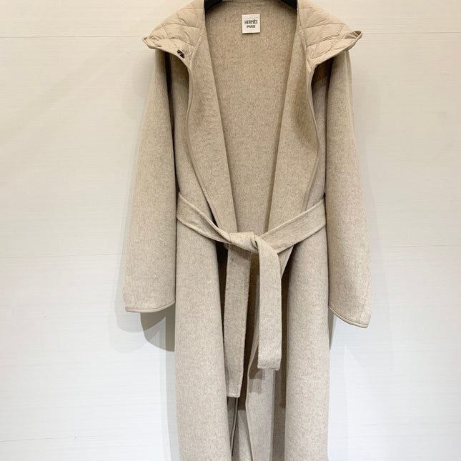 HERMES 25S KNIT HOODED COAT WITH SHEARLING TRIM 216