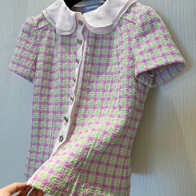 CC 25 Doll Collar Top Pink Green Tweed Fabric