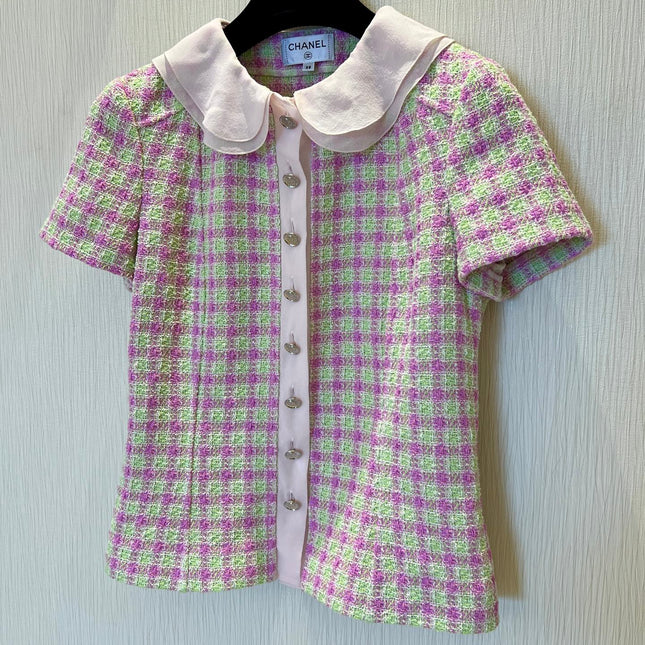 CC 25 Doll Collar Top Pink Green Tweed Fabric