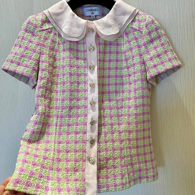 CC 25 Doll Collar Top Pink Green Tweed Fabric