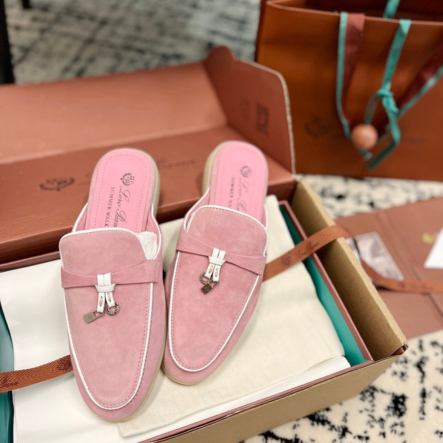 Loro Piana Pink Suede Charms Walk Flat Mules