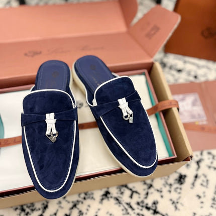 Loro Piana Navy White Suede Charms Walk Flat Mules