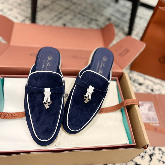 Loro Piana Navy White Suede Charms Walk Flat Mules