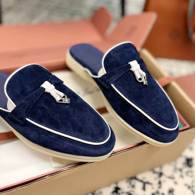 Loro Piana Navy White Suede Charms Walk Flat Mules