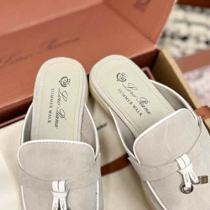 Loro Piana Grey White Suede Charms Walk Flat Mules