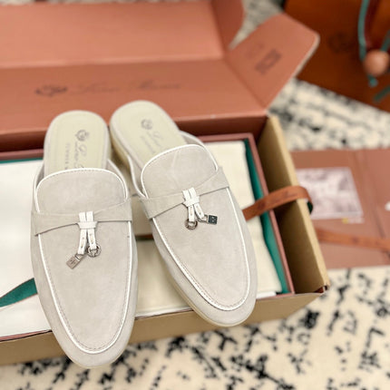Loro Piana Grey White Suede Charms Walk Flat Mules