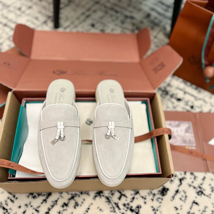 Loro Piana Grey White Suede Charms Walk Flat Mules