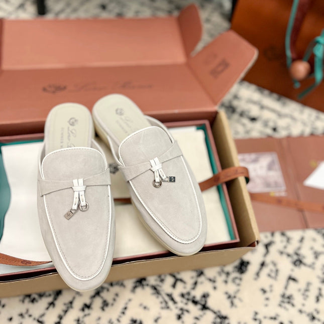 Loro Piana Grey White Suede Charms Walk Flat Mules