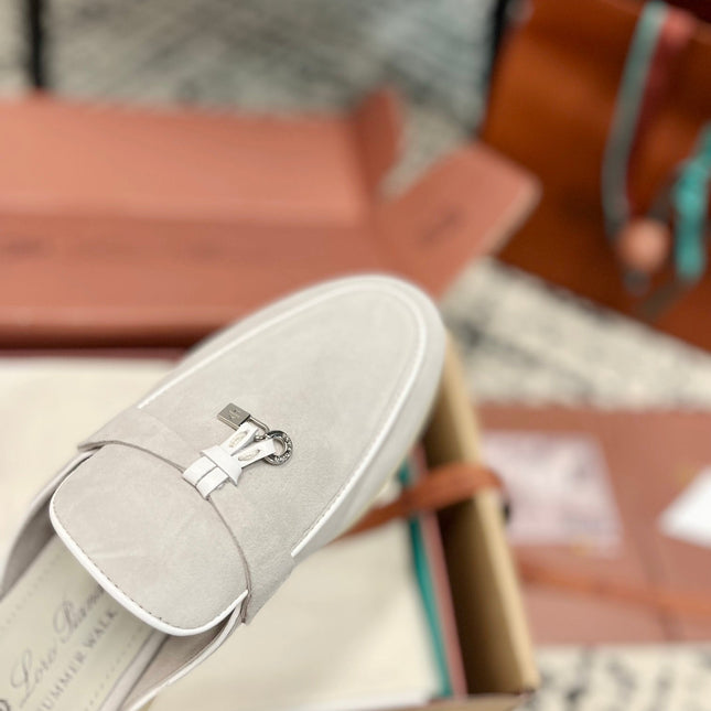 Loro Piana Grey White Suede Charms Walk Flat Mules