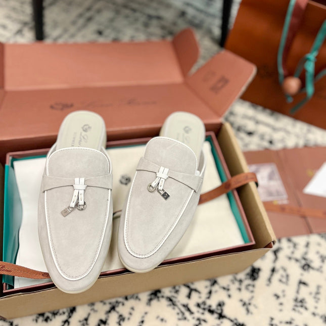 Loro Piana Grey White Suede Charms Walk Flat Mules