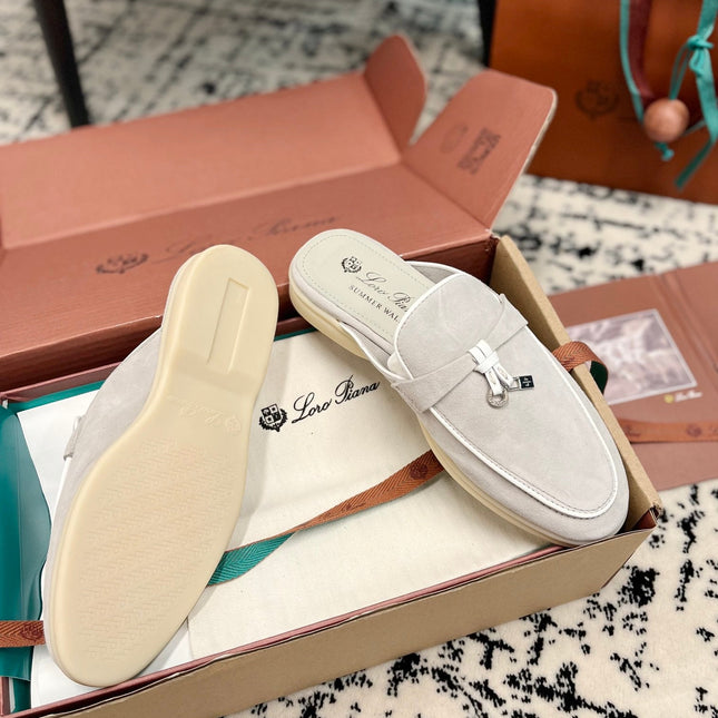 Loro Piana Grey White Suede Charms Walk Flat Mules