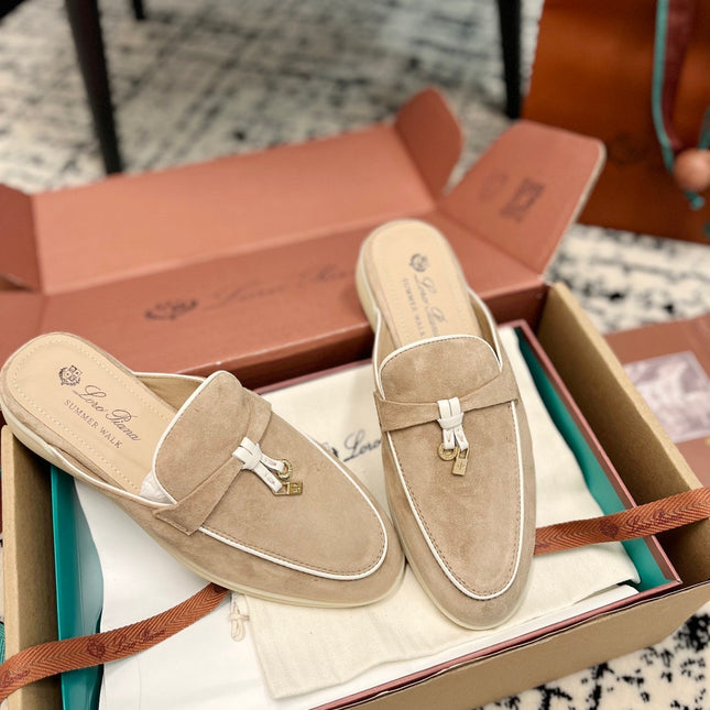 Loro Piana Beige White Suede Charms Walk Flat Mules