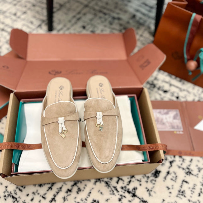 Loro Piana Beige White Suede Charms Walk Flat Mules