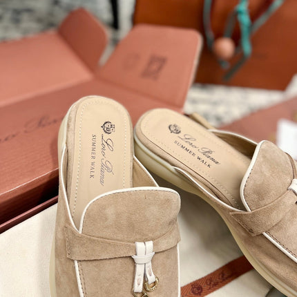 Loro Piana Beige White Suede Charms Walk Flat Mules