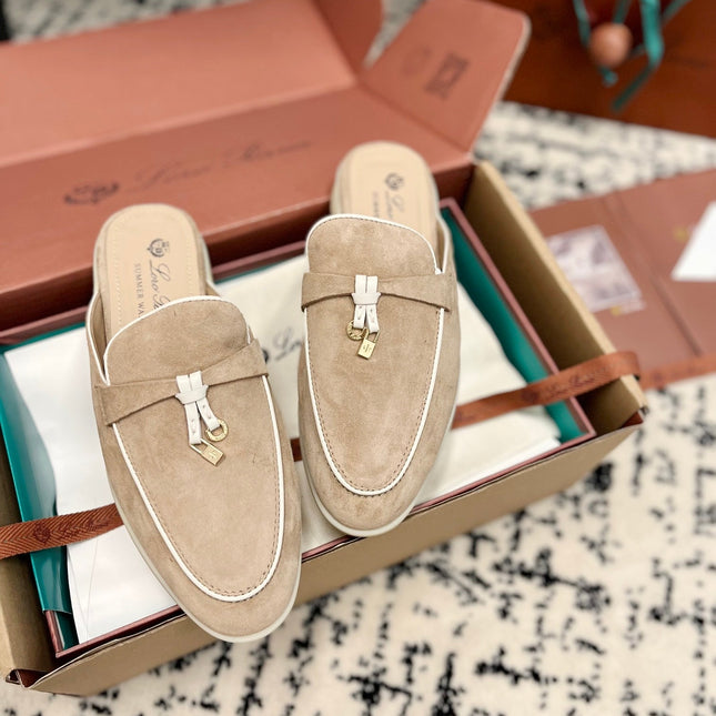 Loro Piana Beige White Suede Charms Walk Flat Mules