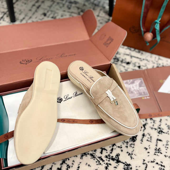 Loro Piana Beige White Suede Charms Walk Flat Mules
