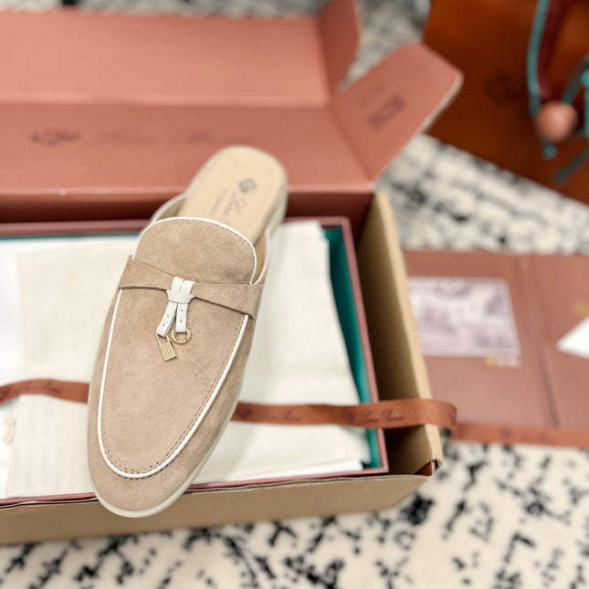 Loro Piana Beige White Suede Charms Walk Flat Mules