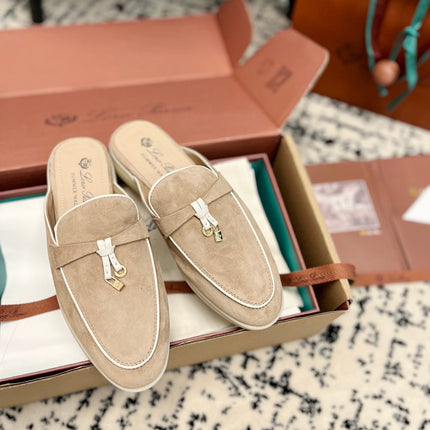 Loro Piana Beige White Suede Charms Walk Flat Mules