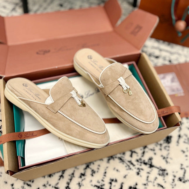 Loro Piana Beige White Suede Charms Walk Flat Mules