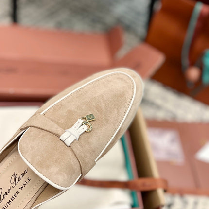 Loro Piana Beige White Suede Charms Walk Flat Mules
