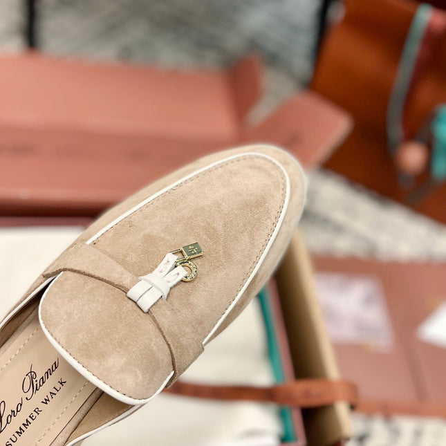 Loro Piana Beige White Suede Charms Walk Flat Mules