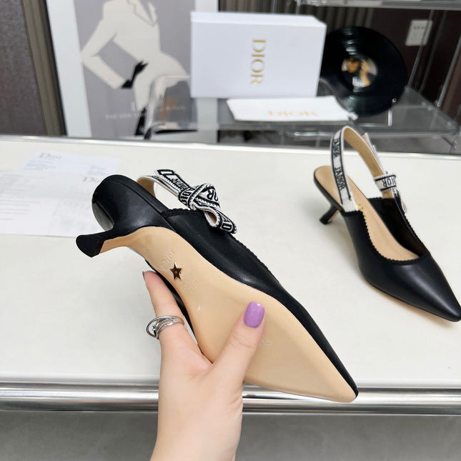 J'ADIOR SLINGBACK PUMP BLACK CALFSKIN AND EMBROIDERED FABRIC 65 MM