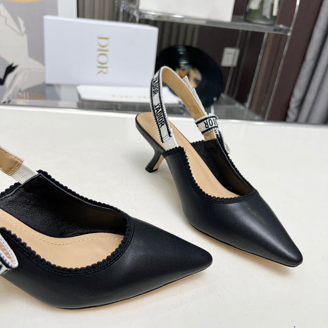 J'ADIOR SLINGBACK PUMP BLACK CALFSKIN AND EMBROIDERED FABRIC 65 MM