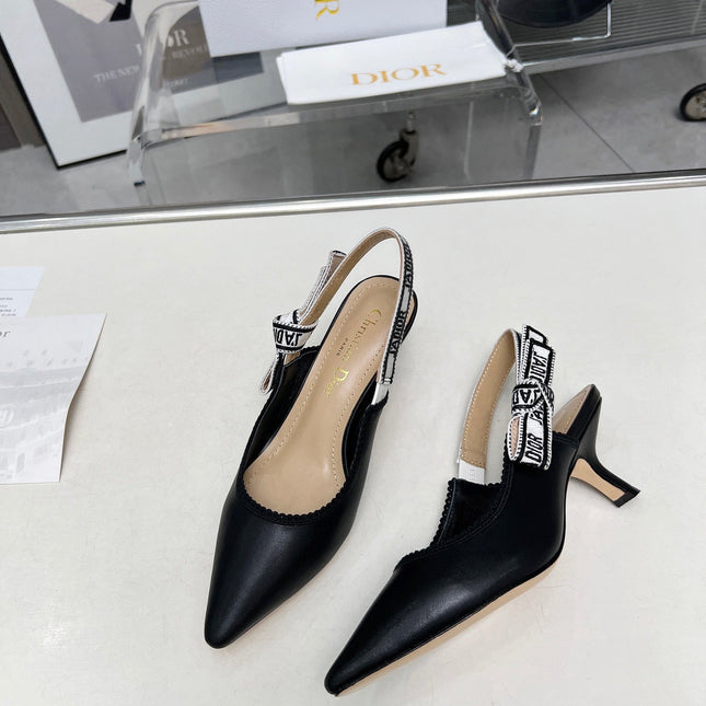 J'ADIOR SLINGBACK PUMP BLACK CALFSKIN AND EMBROIDERED FABRIC 65 MM