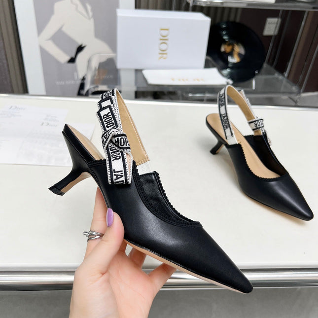 J'ADIOR SLINGBACK PUMP BLACK CALFSKIN AND EMBROIDERED FABRIC 65 MM