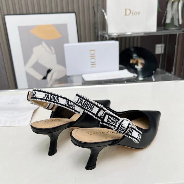 J'ADIOR SLINGBACK PUMP BLACK CALFSKIN AND EMBROIDERED FABRIC 65 MM