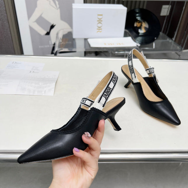 J'ADIOR SLINGBACK PUMP BLACK CALFSKIN AND EMBROIDERED FABRIC 65 MM