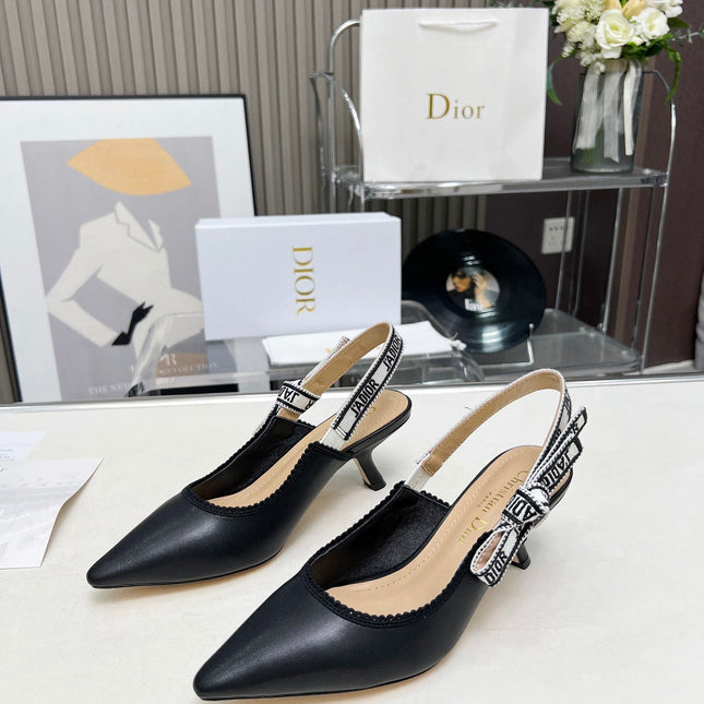 J'ADIOR SLINGBACK PUMP BLACK CALFSKIN AND EMBROIDERED FABRIC 65 MM