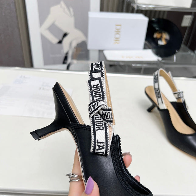 J'ADIOR SLINGBACK PUMP BLACK CALFSKIN AND EMBROIDERED FABRIC 65 MM