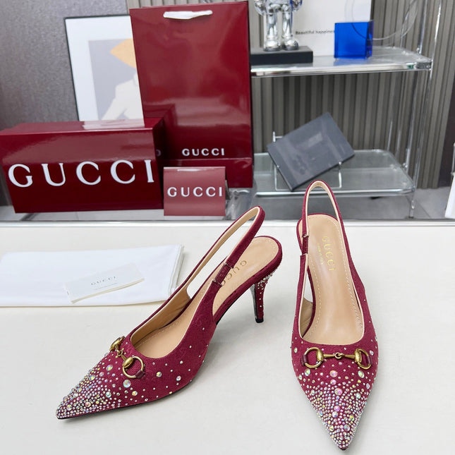 HORSEBIT SLINGBACKS IN CHERRY RED MONOGRAM FABRIC WITH CRYSTALS