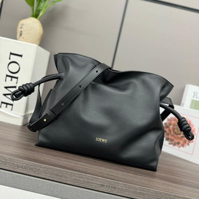 LOEWE 25S LARGE FLAMENCO CLUTCH BAG 30 IN BLACK CALFSKIN
