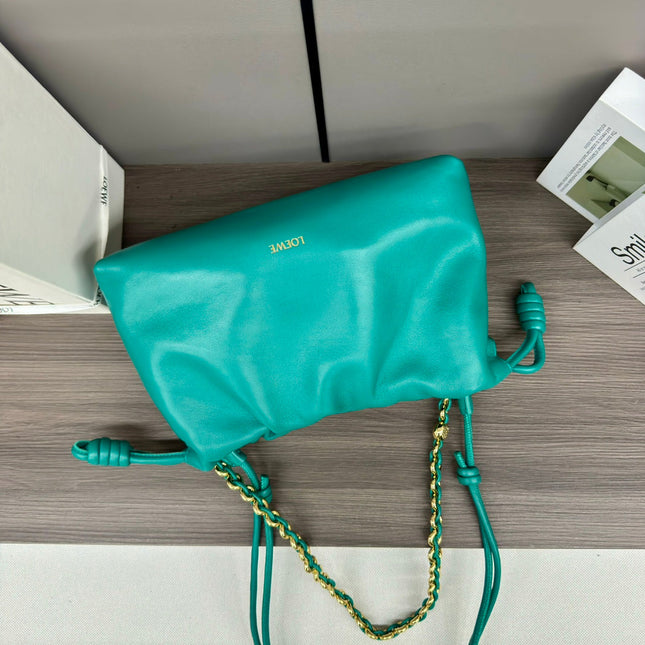 LOE MEDIUM 30 FLAMENCO PURSE BUCKET IN TEAL GREEN LAMBSKIN